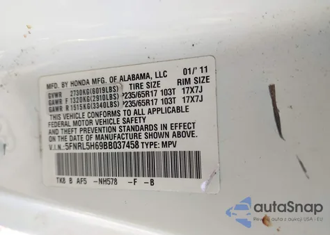 2011 Honda Odyssey Ex-L z USA, uszkodzony, nr VIN 5FNRL5H69BB037458